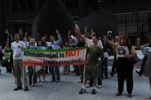 Chicago Iranians rally at Daley Plaza on August 5th, 2009, in protest of the inauguration of Mahmoud Ahmadinejad. (photo by A. Khastoo)